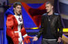Actor Seann William Scott wearing a superhero costume (L) and singer Justin Timberlake , co-host the 2003 MTV Movie Awards which were taped in Los Angeles, CA. (May 31, 2003)