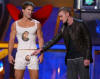 Justin points to his picture on boxer shorts worn by actor Seann William Scott as they co-host the 2003 MTV Movie Awards which were taped in Los Angeles, CA. (May 31, 2003)